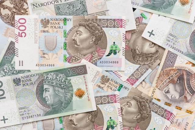 Lot of polish banknotes, polish money, PLN currency background